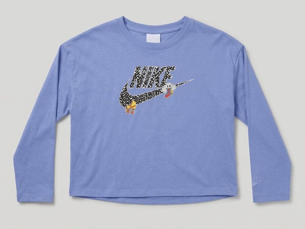 Nike Girls' Periwinkle Blue Roller Skate Graphic Cropped Long Sleeve Size S